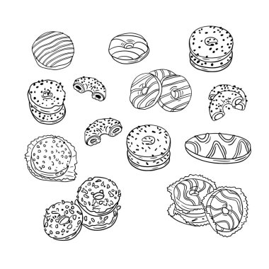 El çizimi çörekler. Vektör, beyaz arka planda farklı çörekler çiziyor. Eşsiz bir tasarım. Renklendirme sayfaları, dövme, ambalaj kağıdı, kalıp, arkaplan için mükemmel