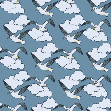 Gökyüzünde ve bulutlarda karikatür martıları olan kusursuz bir desen. Mavi arka plandaki ana hatlı düz deniz kuşları çocuklar için tekstil, duvar kağıdı, ambalaj, arka plan, iç dekorasyon, ev tasarımı için ideal