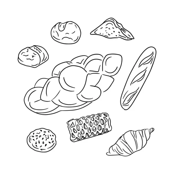 アウトラインベーカリーの手描きドアイラスト ドーナツ クロワッサン バゲット パンなどのベクトル分離ペストリー ユニークな手描きデザインページ タトゥー 包装の着色に最適です — ストックベクタ