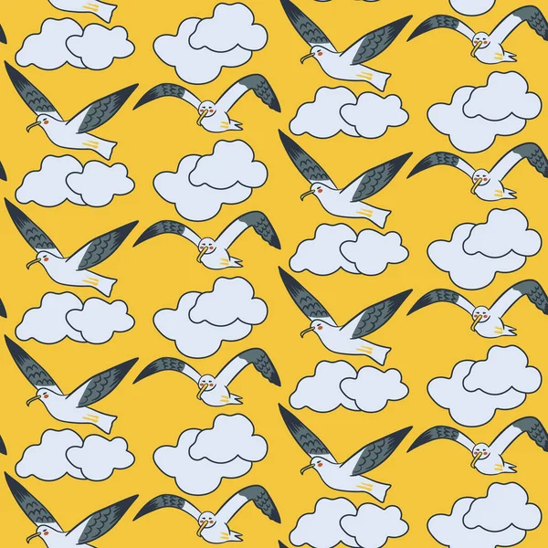 Funny Cartoon Seagulls Patternon Yellow Background Hand Drawn Vector Flat — Stock Vector