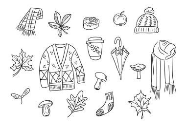 Dışarı çıkıp gitmek için çizilmiş sonbahar kıyafetleri. Siyah vektör beyaz arkaplanda el yapımı elementler çiziyor. Atkı, hırka, şemsiye, çorap. Boyama sayfaları ve çıkartmalar için mükemmel.