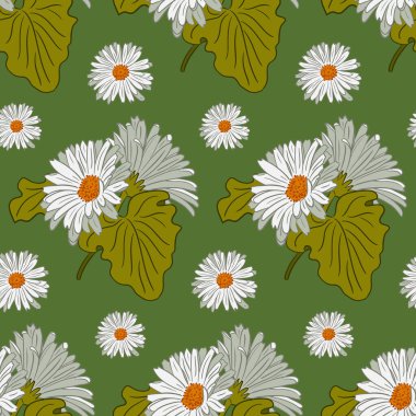 Papatyaları olan yeni botanik desenleri. Yeşil arka planda düz çizgili yaprakları olan beyaz, izole çiçekler. Modern stajyer ya da moda tekstili, duvar kağıdı, ambalaj kağıdı için mükemmel.