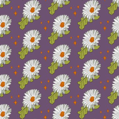 White gerberas seamless pattern on purple background. Vector isolated flowers with stars in flat outline style. Can be used as contemporary textile, wallpaper, wrapping paper, home decor