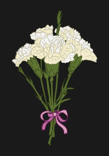 Bouquet Oeillets Blanc Vectoriel Avec Ruban Violet Sur Fond Noir — Image vectorielle