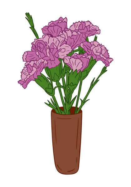 Manojo Clavel Vectorial Púrpura Jarrón Cerámica Esquema Plano Aislado Flores — Archivo Imágenes Vectoriales
