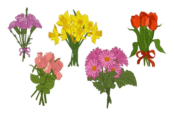 Flache Vektorsträuße Aus Farbigen Blumen Nelkensträuße Rosen Narzissen Gerberas Tulpen — Stockvektor