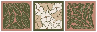 Çiçek ve yapraklı soyut moda kare seti. Minimalist tarzda vektör botanik kompozisyonu. Modern tasarım. İç dekorasyon için ideal, ev tasarımı, t-shirt baskısı, yazdırma