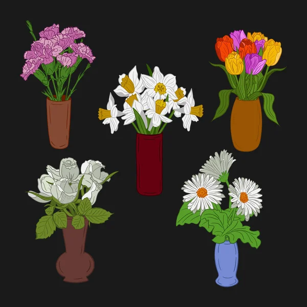 陶瓷花瓶中的平面矢量束鲜花 黑暗的主题 在黑色的背景上 孤立的花朵轮廓 植物学说明 完美的贺卡 邀请函 家居装饰 — 图库矢量图片