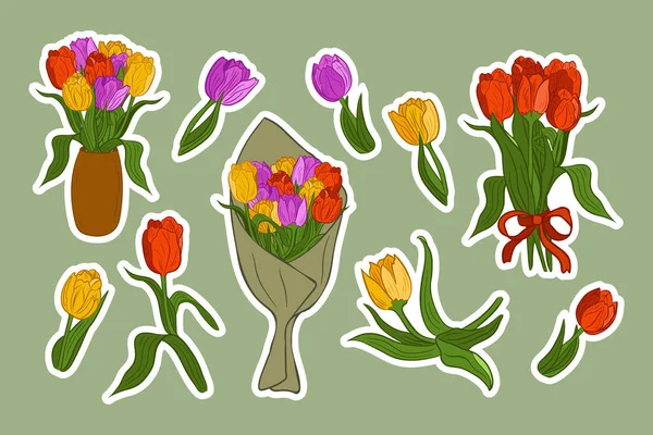 Set Von Flachen Vektorfarbenen Tulpen Stickern Handgezeichnete Isolierte Elemente Mit — Stockvektor