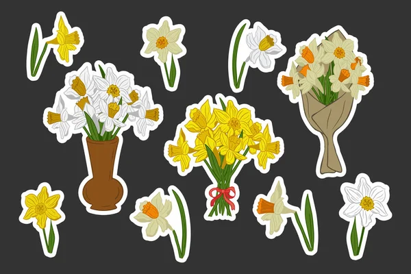 平らな白と黄色のダフデイルのコレクション ベクターハンドは 白い輪郭を持つ孤立した花や束を描きました 陶磁器の花瓶のチューリップのバンチ 紙とリボン 植物的なユニークなデザイン — ストックベクタ