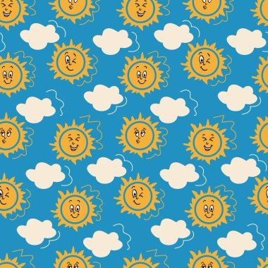 Düz çizgi film, beyaz bulutsuz desenli, güneşli bir ifade. Mavi arka planda çocukça komik elementler var. Ev dekorasyonu için mükemmel, çocuklar tekstil, ambalaj, yapıştırma kitabı, arka plan