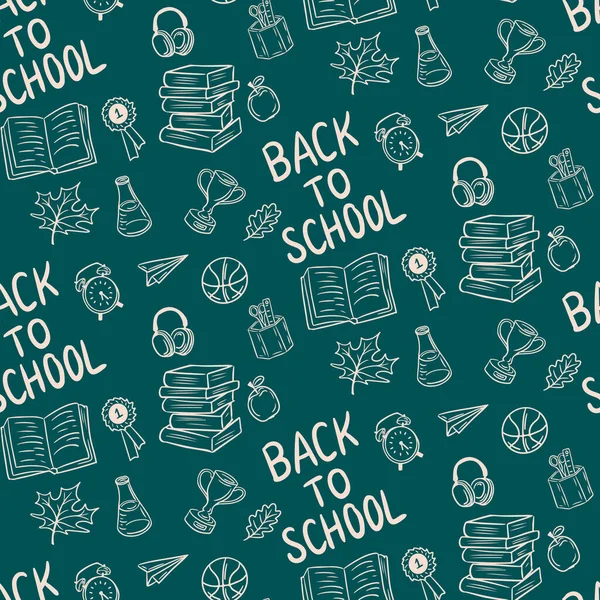Мінімалістичний Каракулі Безшовний Візерунок Повернутися Шкільних Елементів Зеленій Дошці Книги — стоковий вектор