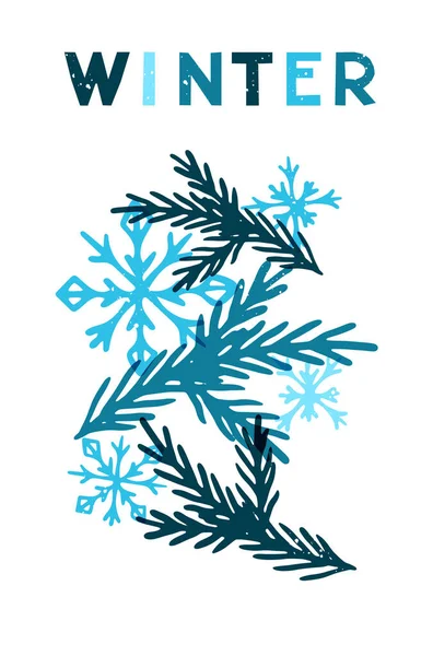 Winterrisoprint Komposition Mit Schneeflocken Und Kiefer Retro Abstrakte Minimalistische Handgezeichnete — Stockvektor