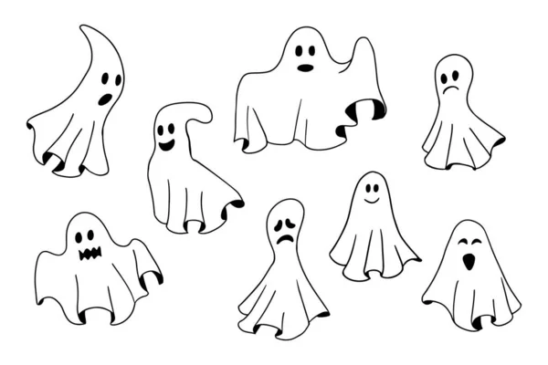 Gekritzelte Sammlung Handgezeichneter Umrissgeister Sketch Design Für Halloween Schwarze Zeichentrickelemente — Stockvektor