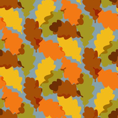 Mavi sonbahar gökyüzünde şeffaf meşe yaprakları sembolik. Düz vektör minimalist tasarım. El çizimi parlak sonbahar yaprakları dekorasyon, tekstil, ambalaj, sosyal medya tasarımı için idealdir.