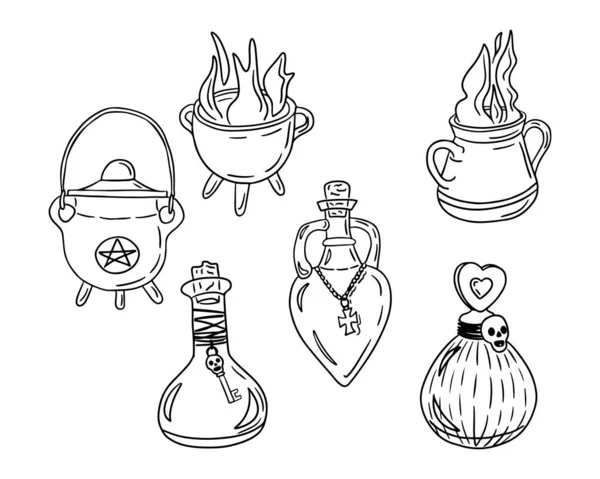 Bir set karalama el cadı iksiri ve kazan. Cadılar Bayramı için minimalist çizim tasarımı. Beyaz arka planda siyah cadı unsurları. Boyama sayfaları, çıkartmalar, dövmeler için ideal.