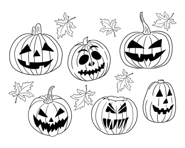 Doodle Skissera Samling Läskiga Halloween Pumpor Skiss Handritad Design För — Stock vektor