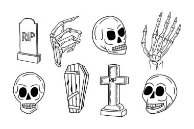 El çizimi, korku cadılar bayramı seti. Taslak karalama kafatasları, iskelet eller, beyaz arka planda mezar taşı ve tabut. Renkli sayfalar, çıkartmalar, dövmeler için minimalist Cadılar Bayramı tasarımı.