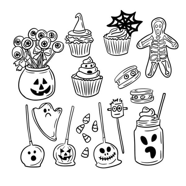 Schizzo Schema Insieme Dolci Halloween Caramelle Elementi Scarabocchio Nero Disegnati — Vettoriale Stock