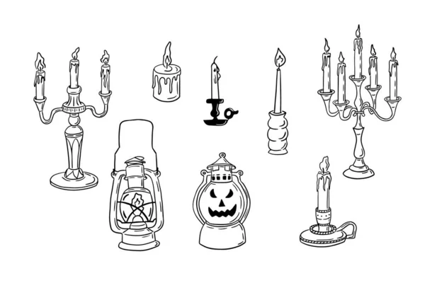 Kritzelset Aus Handgezeichneten Halloween Laternen Kerzen Und Kandelaber Umriss Flache — Stockvektor