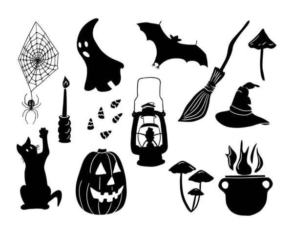 Set Von Flachen Vektorsilhouette Halloween Elemente Gruselige Doodle Halloween Objekte — Stockvektor