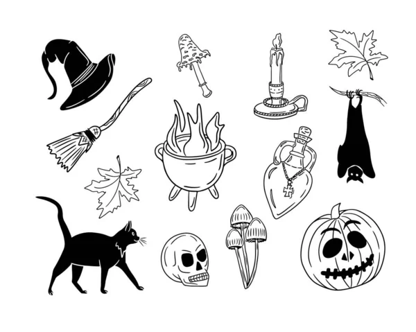 Mão Doodle Plana Desenhada Halloween Bruxa Coisas Esboço Esboço Definido —  Vetores de Stock