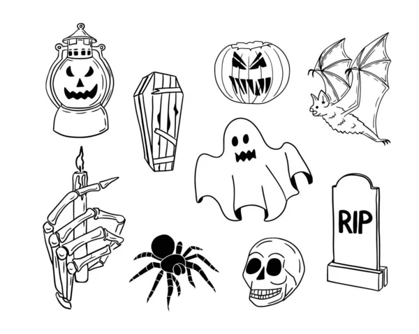 Gruselige Skizze Einzeiligen Handgezeichneten Halloween Set Doodle Isolierte Horror Elemente — Stockvektor