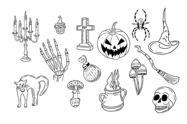 Große Gruselige Halloween Kritzeleien Von Hand Gezeichnet Gegenstände Skizzieren Sie — Stockvektor