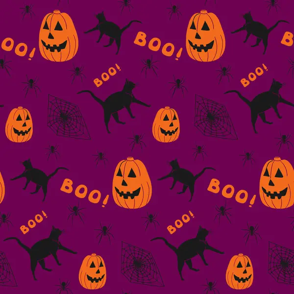Kühnes Minimalistisches Nahtloses Halloween Muster Handgezeichnete Spinne Schwarze Katze Kürbis — Stockvektor