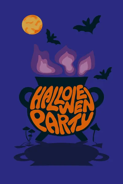 Groovy Retro Halloween Typografisk Sammansättning Kittel Vektorillustration Med Text Halloweenfest — Stock vektor