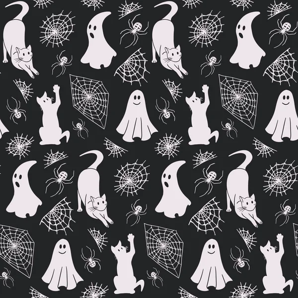 Черно Белый Силуэт Хэллоуина Бесшовный Узор Призраком Паутиной Кошками Пауками — стоковый вектор