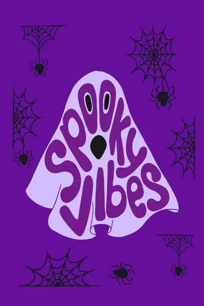 Spooky Halloween Dibujado Mano Póster Tipográfico Con Fantasma Composición Navideña — Vector de stock