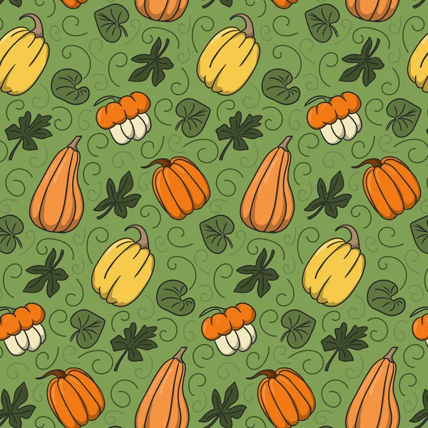 緑の背景に居心地の良い秋の黄色とオレンジ色のカボチャシームレスなパターン 緑の葉が付いているスカッシュの形の変化 包むペーパー 家の装飾 子供の織物のためのかわいい設計 — ストックベクタ