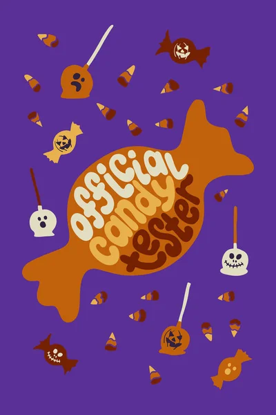 Poster Tipografico Halloween Disegnato Mano Con Caramelle Groovy Illustrazione Vacanza — Vettoriale Stock