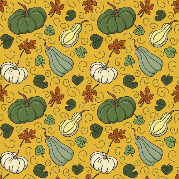 Cuty Herbst Grünen Und Weißen Kürbis Nahtlose Muster Mit Farbigen — Stockvektor
