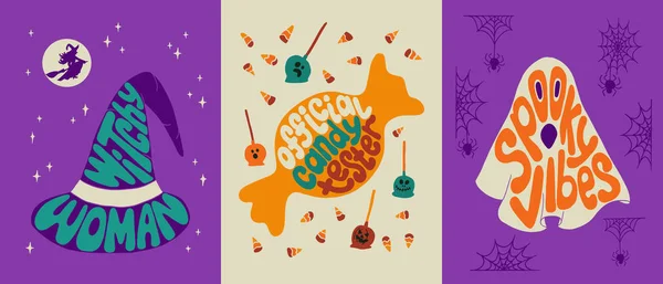 Groovy Halloween Retro Typografie Schriftzug Set Handgezeichnete Urlaubsslogans Form Von — Stockvektor