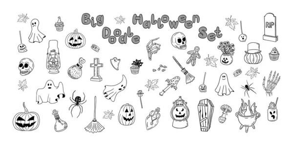 Große Doodle Halloween Sammlung Handgezeichnete Dinge Skizzieren Sie Isolierte Elemente — Stockvektor
