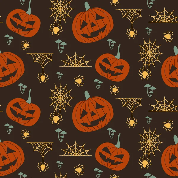 Dunkles Thema Halloween Silhouette Nahtlose Pettern Mit Zerborstenen Kürbissen Spinnennetzen — Stockvektor