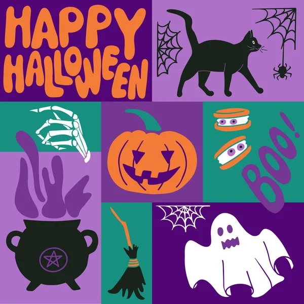 Halloween Smělá Grafická Minimalistická Skladba Ručně Kreslené Ploché Prázdninové Prvky — Stockový vektor