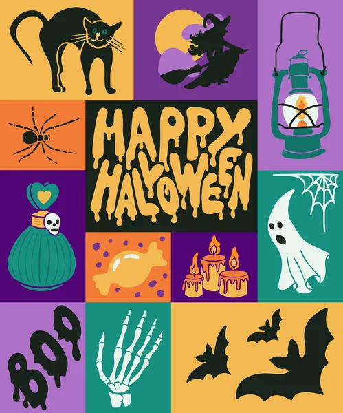 Cartaz Estilo Minimalista Gráfico Halloween Feliz Mão Desenhado Halloween Itens —  Vetores de Stock