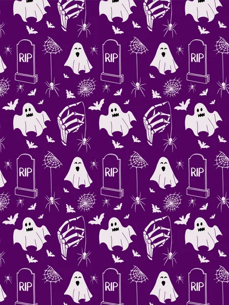 Spooky Halloween Modello Senza Cuciture Sfondo Viola Elementi Horror Bianchi — Vettoriale Stock