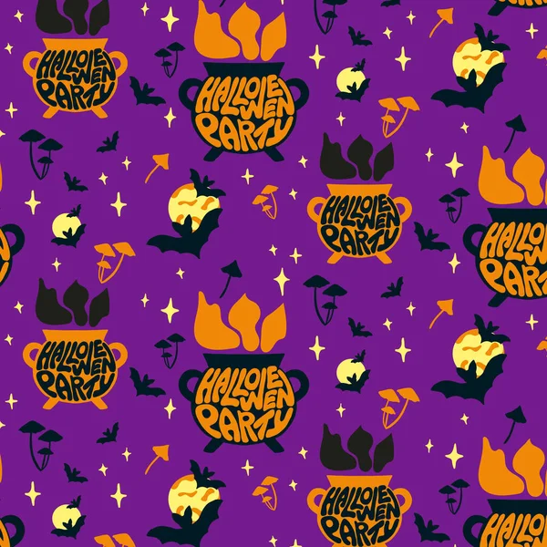 Halloween Sem Costura Padrão Com Letras Groovy Slogan Desenhado Mão —  Vetores de Stock