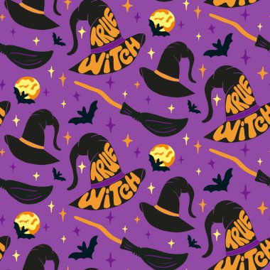 Kusursuz desenli cadılar bayramı harika harfleri. Elle çizilmiş slogan Cadı şapkalı Gerçek Cadı mor arka planda yarasa ve ay. Cadılar Bayramı parti dekorasyonu, tekstil, ambalaj için eşsiz tasarım