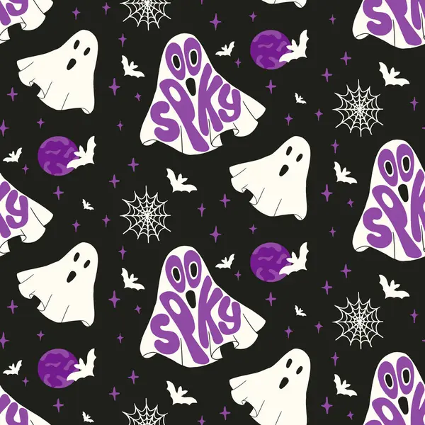 Gruselige Muster Mit Fetzigen Schriftzügen Halloween Flying Ghost Flachen Minimalistischen — Stockvektor