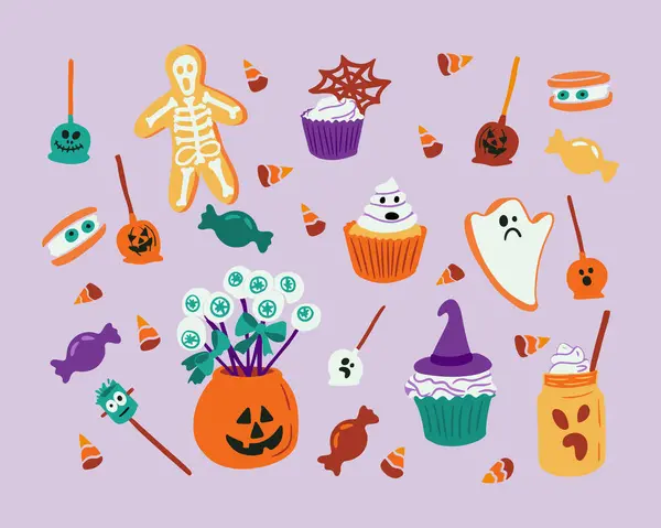Halloween Truque Tratar Doces Assustadores Clipart Vector Ilustrações Planas Estilo —  Vetores de Stock