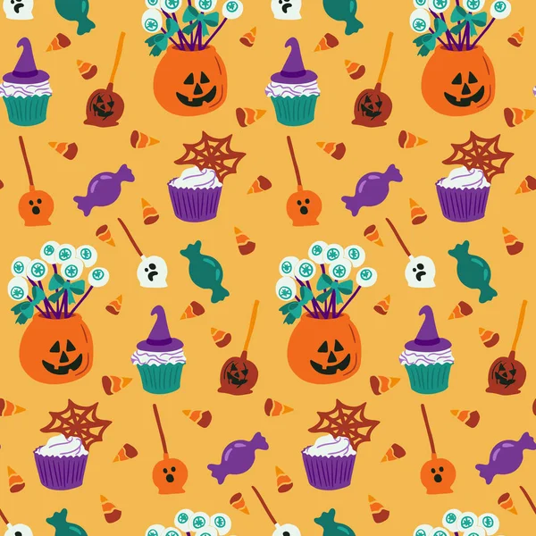 Halloween Gruselige Süßigkeiten Nahtlose Muster Für Feiertagsdekoration Auf Gelbem Hintergrund — Stockvektor