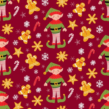 Noel şablonu, Elf karakteri ve tatlıları. Düz çizgi film karakteri, zencefilli kurabiye adamlar ve kırmızı arka planda kar taneleri. Dekorasyon, ambalaj ve pankart için tatil tasarımı
