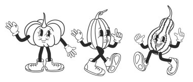 Siyah ve beyaz eski çizgi film balkabakları. Beyaz arka planda taslak çizilmiş klasik karakterler. Çıktılar, posterler, tişört baskıları için sonbahar çizimleri