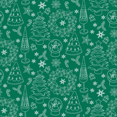 Noel desenli el yapımı tatil öğeleri, tatil ağaçları, çelenk, zencefilli kurabiye, Noel balosu. Yeşil arka planda beyaz karalama elementleri. Dekorasyon ve ambalaj için kış tatili tasarımı