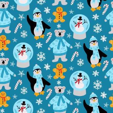 Kutup ayısı, penguen, kardan adam ve zencefilli ekmekçi ile çocuksu Noel desenleri. Mavi arka planda düz çizgi film tarzında komik renkli karakterler. Tekstil ve ambalaj için ideal tasarım